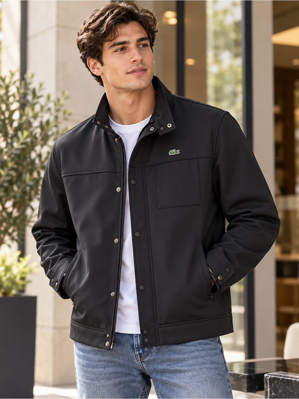 Men’s Black Lacoste softshell jacket featuring a fleece-lined interior NWOT